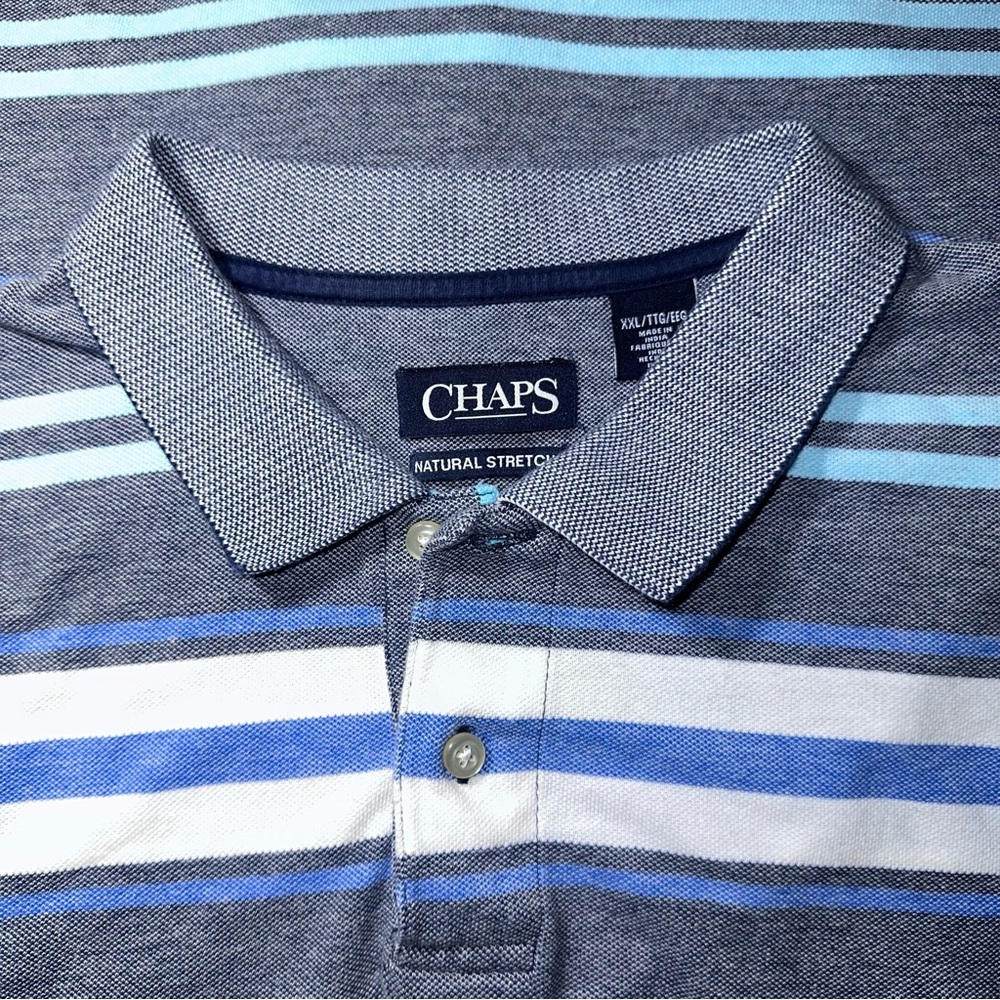 Chaps XXL Natural Flex Polo Short Sleeve Shirt Casual Golf Blue Gray Stripe EUC